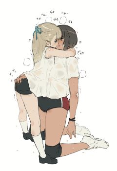 2girls absurdres age_difference arms_around_another's_neck black_buruma blonde_hair blue_eyes blue_ribbon blush breasts bright_pupils brown_eyes brown_hair buruma character_age dark-skinned_female dark_skin eye_contact female_focus french_kiss full_body gym_uniform hand_on_another's_ass height_difference highres hug kei_(m_k) kiss kneeling large_breasts loli long_hair looking_at_another m_k multiple_girls onee-loli original ponytail ribbon rika_(m_k) saliva saliva_trail see-through_clothes shirt shoes short_hair short_shorts short_sleeves shorts simple_background size_difference sleeveless sleeveless_shirt small_breasts sneakers socks steam steaming_body sweat sweaty_clothes tall_female thighs tomboy tongue tongue_out track_uniform translation_request very_sweaty white_pupils white_shirt white_socks yuri