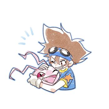 Rule 34 | 1boy, brown hair, digimon, digimon (creature), digimon adventure, gloves, hair between eyes, hug, koromon, notice lines, one eye closed, short hair, simple background, smile, white background, white gloves, yagami taichi, yuzikoz mega