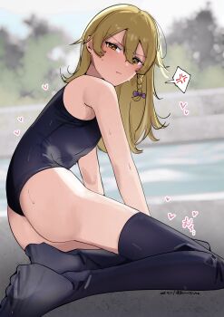 1boy absurdres anger_vein ass black_one-piece_swimsuit black_thighhighs blonde_hair blurry blurry_background blush braid closed_mouth commentary_request cookie_(touhou) crossdressing crossdressing_(mtf) frown full_body genderswap genderswap_(ftm) highres kirisame_marisa long_hair looking_at_viewer male_focus noukou_tonkotsu_korokke one-piece_swimsuit pool poolside rei_(cookie) side_braid single_braid solo spoken_anger_vein swimsuit thighhighs touhou trap yellow_eyes