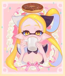 Rule 34 | 1girl, blonde hair, border, breasts, cleavage, commentary, cup, d msy8, doughnut, drinking, eyelashes, food, hair rings, highres, holding, holding cup, inkling, inkling girl, inkling player character, inset border, long hair, looking at viewer, nintendo, pink background, pointy ears, slit pupils, solo, splatoon (series), symbol-only commentary, tentacle hair, yellow border, yellow eyes