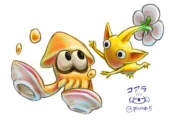 black_eyes colored_skin commentary_request crossover falling flower inkling_(swim_form) inkling_player_character looking_at_another nintendo no_humans no_mouth paint pikmin_(creature) pikmin_(series) pointy_ears reaching signature simple_background splatoon_(series) squid twitter_username white_background white_flower yamato_koara yellow_pikmin yellow_skin