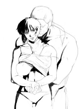 1boy 1girl aizheajsee batou_(gits) breast_slip cyborg ghost_in_the_shell greyscale highres hug kusanagi_motoko long_hair medium_hair monochrome navel ponytail solo white_background