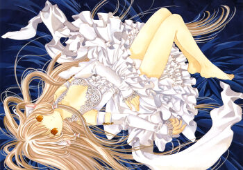 1girl 2000s_(style) absurdres android barefoot bed_sheet blonde_hair breasts brown_eyes chii chobits clamp clamp_(circle) cleavage detached_sleeves dress feet frilled_dress frills full_body highres lolita_fashion long_hair looking_at_viewer lying non-web_source official_art on_back panties petite robot_ears small_breasts solo underwear very_long_hair white_dress white_panties