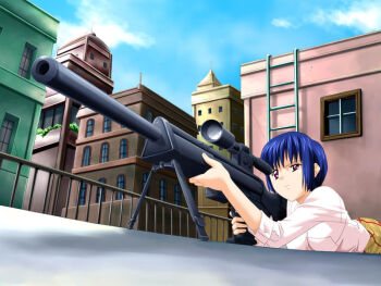 1girl assassin_lesson_kioku_no_youin_shoujo blue_hair day female_focus game_cg gun h&amp;k_psg1 heckler_&amp;_koch outdoors rifle riflescope short_hair sky sniper sniper_rifle sniping solo weapon