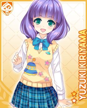 1girl blue_bow blue_skirt blunt_bangs bow button card_(medium) character_name female_focus girlfriend_(kari) green_eyes kiriyama_yuzuki long_sleeves looking_at_viewer official_art open_mouth pin plaid_clothes plaid_skirt purple_hair qp:flapper school_uniform shirt skirt smile solo sweater_vest tagme ufo vest white_shirt yellow_background