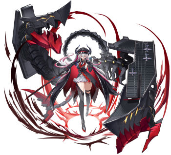 Rule 34 | 1girl, absurdres, asymmetrical legwear, azur lane, belt, black belt, black gloves, black hat, black horns, black necktie, black thighhighs, breasts, chinese commentary, commentary request, epaulettes, flight deck, full body, gloves, hair between eyes, hat, highres, holding, holding sword, holding weapon, horns, large breasts, long hair between eyes, long sleeves, looking at viewer, mechanical horns, miniskirt, multicolored hair, necktie, non-humanoid robot, original, peaked cap, pink hair, pointy ears, red eyes, robot, robot dragon, sideboob, simple background, skirt, slit pupils, solo, sword, thighhighs, two-tone hair, weapon, white background, white hair, white skirt, yue huang qing vassago
