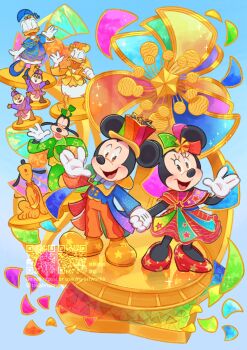 2girls 6+boys brown_eyes chip_(disney) daisy_duck dale_(disney) disney donald_duck dress duck_boy duck_girl goofy happy hat highres mickey_mouse mickey_mouse_&amp;_friends minnie_mouse mouse_boy mouse_girl multiple_boys multiple_girls open_mouth pluto_(disney) smile takatmaorange