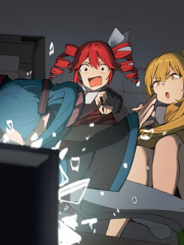 2girls absurdres akita_neru arm_support bed blonde_hair blue_hair blurry blurry_background broken_glass commentary controller dark drill_hair elbow_rest game_controller glass hair_ornament hair_ribbon hatsune_miku head_rest highres holding holding_controller holding_game_controller indoors kasane_teto kasane_teto_(sv) kotatsu long_hair looking_at_another multiple_girls nun178089 open_mouth outstretched_arms red_eyes red_hair ribbon screen_light short_hair side_ponytail sitting spring_onion stuffed_toy surprised synthesizer_v table through_medium through_screen triple_baka_(vocaloid) twin_drills utau v-shaped_eyebrows very_long_hair vocaloid white_ribbon wide-eyed yellow_eyes