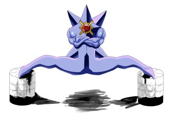1other biceps colored_skin crossed_arms gem gen_1_pokemon grappler_baki highres looking_at_viewer mega_evolution mega_starmie meme muscular nintendo parody pokemon pokemon_(creature) pokemon_legends:_z-a purple_skin red_gemstone scene_reference simple_background split spread_legs starmie the_epic_split white_background yasu_korejo