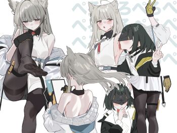 2girls animal_ears arknights arknights:_endfield armpits backless_dress backless_outfit bare_shoulders belt bird_ears black_hair black_jacket black_pantyhose blush bob_cut breasts commentary_request dress endministrator_(arknights) feet female_endministrator_(arknights) flustered foot_focus gloves grey_hair hair_intakes hand_on_own_chin hand_on_own_knee highres holding holding_tablet_pc jacket licking licking_armpit long_hair long_sleeves mask medium_hair multiple_girls multiple_views off_shoulder panties_visible_through_clothes pantyhose perlica_(arknights) planbi sleeveless sleeveless_dress small_breasts sound_effects sweat sweater tablet_pc thigh_strap thighband_pantyhose thinking toes tongue v white_background white_dress white_jacket white_sweater yuri