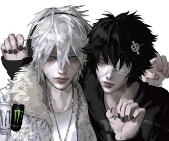 2boys absurdres bags_under_eyes black_hair black_nails cheek_piercing commentary english_commentary eyepatch face_piercing fur_trim hair_between_eyes headphones highres iba_(kcokaine) lip_piercing lips long_sleeves looking_at_viewer male_focus medical_eyepatch monster_energy multiple_boys nose original paw_pose piercing short_hair upper_body white_hair