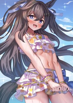 1girl absurdres ame_sagari animal_ears bare_shoulders bikini bikini_skirt blue_eyes blush bracelet breasts brown_hair commentary_request floral_print floral_print_bikini frilled_bikini frills hair_between_eyes highres horse_ears horse_girl horse_tail jewelry long_hair looking_at_viewer mole mole_under_eye navel necklace official_alternate_costume official_alternate_hairstyle open_mouth pink_bikini print_bikini smile solo star_(symbol) star_necklace stomach swimsuit tail umamusume vivlos_(eclat_d&#039;ete)_(umamusume) vivlos_(umamusume)