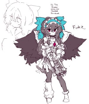 Rule 34 | 1girl, absurdres, alternate costume, arm cannon, asymmetrical footwear, bird wings, bow, cape, choker, closed mouth, commentary, control rod (touhou), dress, english text, feathered wings, frilled hairband, frills, green bow, green hairband, hair between eyes, hair bow, hairband, highres, korean commentary, long hair, looking at viewer, mismatched footwear, rampa93, red eyes, reiuji utsuho, smile, solo, thighhighs, third eye, third eye on chest, touhou, weapon, wings