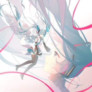 2girls absurdres aqua_eyes aqua_hair aqua_necktie aqua_trim black_boots black_skirt boots collared_shirt commentary_request detached_sleeves hair_between_eyes hair_ornament hatsune_miku hatsune_miku_happy_16th_birthday_-dear_creators- highres kuixingsuren long_sleeves looking_up miniskirt multiple_girls necktie pleated_skirt shirt skirt thigh_boots thighhighs twintails vocaloid white_shirt white_wings wide_sleeves wings zettai_ryouiki