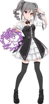 1girl bird dress drill_hair english_text grey_hair idolmaster idolmaster_cinderella_girls idolmaster_starlit_season kanzaki_ranko official_art puffy_sleeves red_eyes smile solo thighhighs transparent_background twin_drills