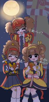 1boy 3girls absurdres ahoge bacon bandaid bandaid_on_leg black_eyes black_necktie black_shirt black_shorts blush blush_stickers brown_hair burger closed_eyes commentary_request crossed_arms double_bun food hair_bun hamaguri_mafuyu hat headset highres holding holding_burger holding_food imadake_dabuchi_tabemi imadake_tsukimi_tabemi mcdonald's moon multiple_girls necktie night open_mouth outdoors pants red_hat red_shoes red_sleeves red_socks ronald_mcdonald samurai_tamago_tabemi shirt shoes shorts sitting sky socks standing star_(sky) starry_sky striped_clothes striped_sleeves striped_socks sword sword_on_back weapon weapon_on_back white_sleeves white_socks yellow_pants yellow_shirt