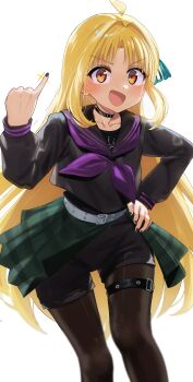 Rule 34 | 1girl, absurdres, ahoge, awa subaru, awa subaru (cosplay), belt, black choker, black nails, black pantyhose, black sailor collar, black shirt, black shorts, blonde hair, bocchi the rock!, choker, commentary, cosplay, eltir, genre connection, girls band cry, glycine bleumer, green skirt, hair ribbon, half-skirt, highres, ijichi nijika, instrument connection, long hair, looking at viewer, nail polish, neckerchief, pantyhose, pantyhose under shorts, parted bangs, plaid clothes, plaid skirt, purple neckerchief, ribbon, sailor collar, sailor shirt, shirt, shorts, simple background, skirt, thigh strap, untranslatable commentary, white background, white belt