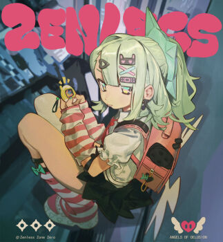 1girl backpack bag black_skirt commentary english_commentary grey_hair highres holding long_hair looking_at_viewer loose_socks multicolored_eyes pleated_skirt puffy_sleeves shoes side_ponytail sidelocks sitting skirt socks solo sunna_(zenless_zone_zero) torio02446440 zenless_zone_zero