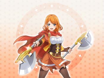 1girl axe battle_axe breasts brown_corset brown_gloves brown_thighhighs cleavage corset dual_wielding ebisu_tsukasa game_cg gloves holding holding_axe looking_at_viewer medium_breasts official_art open_mouth orange_hair orange_skirt purple_eyes red_scarf scarf short_hair shoujo_kageki_revue_starlight shoujo_kageki_revue_starlight_-re_live- skirt solo standing thighhighs upper_body weapon