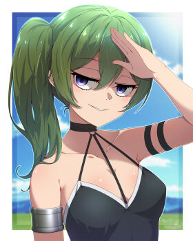 1girl arm_strap armlet bare_shoulders black_choker blue_sky border breasts choker collarbone commentary_request green_hair grin highres jewelry looking_at_viewer necono_(nekonosora1207) outside_border purple_eyes shading_eyes side_ponytail sky small_breasts smile solo sousou_no_frieren ubel_(sousou_no_frieren) upper_body white_border