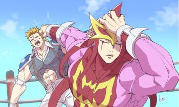 2boys artist_request blonde_hair bodysuit day facial_mark humiliation jujutsu_kaisen kinnikuman kinnikuman_nisei manly multiple_boys muscular naoya_hitting_choso_without_looking_(meme) pants pectorals punching scarface_(kinnikuman) short_hair sky terry_the_kid wrestling_outfit