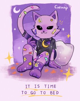 1boy :3 animal_ears bandaid bandaid_on_cheek bandaid_on_face bandaid_on_knee bandaid_on_leg bandaid_on_tail beckoning black_sclera black_shirt cat_boy cat_ears cat_tail catnap_(poppy_playtime) character_name claws collar colored_sclera commentary_request dark_purple_fur fingernails full_body happy highres jewelry knees_up male_focus moon moon_(ornament) moon_necklace moon_sticker multicolored_fur necklace petals pillow poppy_playtime purple_background purple_collar purple_fur sharp_fingernails shirt sitting smile smile_sticker smiley_face smiling_critters sparkle star_(symbol) star_sticker sticker sticker_on_face sticker_on_knee sticker_on_leg tagme tail torn_clothes torn_shirt white_eyes