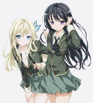 2girls adjusting_hair black_necktie blonde_hair blue_eyes boku_wa_tomodachi_ga_sukunai breasts butterfly_hair_ornament cardigan cleavage closed_mouth collarbone cowboy_shot green_cardigan green_skirt grey_background hair_ornament hair_ribbon highres holding_necktie kashiwazaki_sena large_breasts leaning_forward light_smile long_hair looking_at_viewer mikazuki_yozora multiple_girls necktie official_art pink_ribbon purple_eyes ribbon school_uniform shirt simple_background skirt st._chronica_academy_school_uniform striped_necktie watanabe_yoshihiro white_shirt