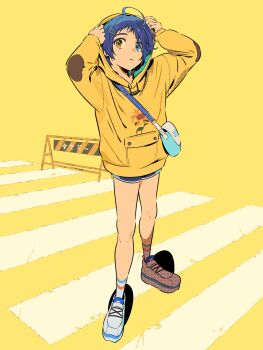 1girl adjusting_hood ahoge arms_up blue_bag blue_eyes blue_hair blue_shorts crosswalk floral_print full_body hair_ornament hairclip heterochromia highres hood hood_up hoodie long_sleeves looking_at_viewer ooto_ai open_mouth semham shoes short_hair shorts socks solo standing sunflower_print triangle_hair_ornament white_shoes white_socks wonder_egg_priority yellow_background yellow_eyes yellow_hoodie