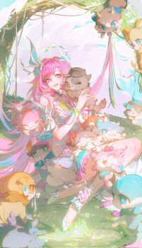 1girl aoma_(xuanzexuexi) blue_eyes chimera_(honkai:_star_rail) closed_eyes cyrene_(honkai:_star_rail) cyrene_(ripples_of_past_reverie)_(honkai:_star_rail) dress flower hair_flower hair_ornament hat highres honkai:_star_rail honkai_(series) long_hair open_mouth pink_eyes pink_hair white_dress yellow_eyes