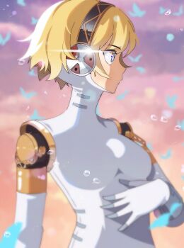 1girl absurdres aigis_(persona) android black_hairband blonde_hair blue_butterfly blue_eyes blurry blurry_background breasts bug butterfly commentary depth_of_field english_commentary from_side gjh gradient_sky hairband hand_up highres insect joints looking_to_the_side medium_breasts parted_lips persona persona_3 profile robot_ears robot_joints short_hair sky solo turning_head upper_body water water_drop