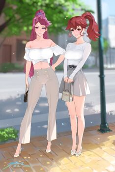 2girls anna_(fire_emblem) bare_shoulders blush breasts cleavage dress fire_emblem fire_emblem_heroes high_heels highres large_breasts loki_(fire_emblem) long_hair long_sleeves looking_at_viewer medium_breasts multiple_girls navel nintendo off_shoulder purple_dress purple_eyes red_eyes red_hair sendo_(sendrawz) smile