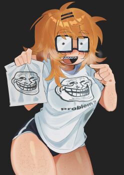 1girl absurdres black_background black_shorts blush body_freckles braces breasts commentary dolphin_shorts english_text eyebrows_hidden_by_hair freckles glasses hair_ornament hairclip highres jimiko kibyland long_hair looking_at_viewer messy_hair orange_hair original rectangular_eyewear shirt shorts simple_background solo stephanie_finch_(kibyland) symbol-only_commentary t-shirt thick_eyebrows troll_face trollface_(character) white_shirt