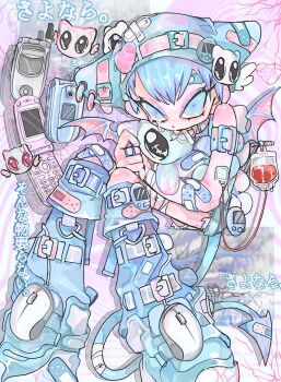 1boy amatou_akuma angel_wings animal_ear_hat animal_ears backpack bag bandaged_arm bandaged_leg bandaged_tail bandages bandaid bandaid_on_arm bandaid_on_cheek bandaid_on_clothes bandaid_on_face bandaid_on_finger bandaid_on_forehead bandaid_on_hand bandaid_on_knee bandaid_on_leg bandaid_on_tail bare_shoulders bat_wings beanie belt belt_buckle blood blood_bag blue_buckle blue_eyes blue_hair blue_hat blue_leg_warmers blue_shirt blue_shoes blue_shorts blue_tail blue_theme blue_wings buckle cable cellphone closed_mouth computer_mouse controller creature crossed_bandaids crying crying_with_eyes_open demon demon_boy demon_tail demon_wings denim denim_shorts detached_wings ear_piercing earrings eyelashes eyeshadow flip_phone frown full_body game_controller hair_ornament hat head_down head_wings heart heart-ring heart_hair_ornament highres holding holding_stuffed_toy hoop_earrings injury japanese_text jewelry knees_up leg_warmers looking_at_viewer makeup male_focus mini_wings original phone piercing pink_belt pink_buckle purple_eyeshadow shirt shoes short_hair shorts sitting sleeveless sleeveless_shirt solo stitches stuffed_animal stuffed_toy tail tank_top tears veins wings wire