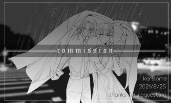 1girl artist_name bare_shoulders belt belt_buckle blunt_bangs buckle chinese_commentary cityscape clothing_cutout cloud cloudy_sky coat_on_head collared_coat collared_shirt commentary_request commission cowboy_shot crosswalk dated dress dress_pants eyelashes flower gloves greyscale hair_flower hair_ornament hairclip hand_up highres karisome149 lapels long_dress long_hair long_sleeves monochrome necktie notched_lapels original outdoors parted_lips pleated_dress pleated_sleeves pocket purple_eyes rain red_eyes sharing shirt short_sleeves shoulder_cutout sky smile spot_color standing thank_you very_long_hair watermark