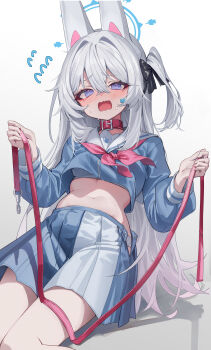 1girl @_@ absurdres animal_collar animal_ear_hairband animal_ears black_bow blue_archive blue_bra blue_halo blue_shirt blue_skirt blush bow bra breasts collar commentary_request cropped_shirt fake_animal_ears flying_sweatdrops hair_between_eyes hair_bow hairband halo highres kerno long_hair looking_at_viewer miyako_(blue_archive) navel neckerchief one_side_up open_clothes open_mouth open_skirt pink_neckerchief purple_eyes rabbit_ear_hairband rabbit_ears sailor_collar shirt sidelocks skirt small_breasts solo stomach sweat underwear white_hairband white_sailor_collar