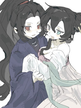1boy 1girl absurdres aqua_eyes black_eyes black_hair black_shirt blue_hanfu blush_stickers breasts brother_and_sister changmingsuo chinese_clothes chinese_commentary cleavage commentary_request curtained_hair genderswap genderswap_(mtf) hanfu highres hong_lu_(project_moon) jewelry jia_huan_(project_moon) limbus_company liningne long_hair long_sleeves necklace open_mouth pale_skin parted_bangs ponytail project_moon red_eyes shirt siblings simple_background single_blush_sticker smile very_long_hair white_background