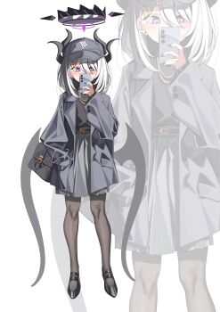 Rule 34 | 1girl, absurdres, alternate costume, alternate hairstyle, black coat, black halo, black hat, black skirt, blue archive, blush, coat, commentary request, demon girl, demon horns, demon wings, full body, gehenna academy logo, halo, hat, highres, hina (blue archive), horns, korean commentary, low wings, medium hair, purple eyes, rirua (kjom802), skirt, solo, standing, white hair, wings