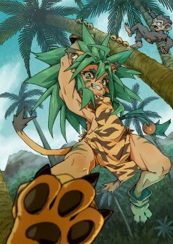 1girl animal_ear_fluff animal_ears animal_feet animal_hands animal_print blue_sky blush cham_cham claws cloud dress facial_mark falling gloves green_eyes green_hair grin hanging highres jewelry long_hair looking_at_viewer monkey mountainous_horizon necklace palm_tree paw_gloves print_dress samurai_spirits sharp_teeth sky sleeveless sleeveless_dress smile solo tail teeth tiger_ears tiger_girl tiger_print tiger_tail tooth_necklace tree wakazhi yellow_dress