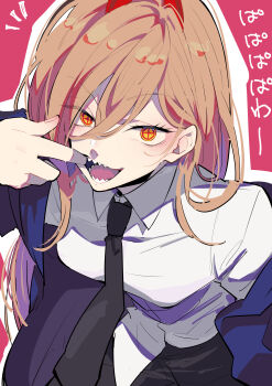 1girl absurdres black_necktie brown_hair chainsaw_man collared_shirt commentary_request hair_between_eyes highres horns long_hair looking_at_viewer mouth_pull necktie nekoma_hikaru open_mouth orange_eyes pink_background power_(chainsaw_man) sharp_teeth shirt solo teeth translation_request white_shirt