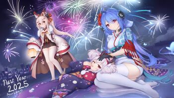2025 3girls aerial_fireworks ayanami_(azur_lane) ayanami_(pulse_of_the_new_year)_(azur_lane) azur_lane blue_hair fireworks happy_new_year helena_(azur_lane) helena_(new_year's_bluebird)_(azur_lane) high_ponytail highres holding holding_lantern japanese_clothes kimono kyl490 laffey_(azur_lane) laffey_(snow_rabbit_and_candy_apple)_(azur_lane) lantern long_hair looking_at_viewer multiple_girls new_year night official_alternate_costume outdoors ponytail sky sleeves_past_fingers sleeves_past_wrists thighhighs white_hair white_thighhighs wide_sleeves