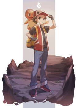Rule 34 | 1boy, 88 (einnimnech), absurdres, backpack, bag, black gloves, black shirt, brown eyes, brown hair, charmander, commentary request, fingerless gloves, full body, gen 1 pokemon, gloves, hand on headwear, hat, highres, male focus, nintendo, open clothes, open mouth, open vest, pants, pokemon, pokemon (creature), pokemon frlg, pokemon on back, red (pokemon), red hat, red shoes, red vest, shirt, shoes, short hair, short sleeves, standing, t-shirt, vest, yellow bag