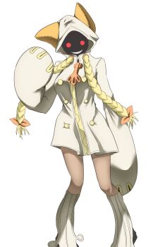 Rule 34 | 1girl, animal ears, animal hood, arc system works, blazblue, blazblue: calamity trigger, blonde hair, braid, cat ears, cat hood, cat tail, coat, female focus, grin, hair ribbon, highres, hood, hoodie, legs, long hair, long sleeves, red eyes, ribbon, short twintails, smile, socks, solo, standing, tail, taokaka, twin braids, twintails, very long hair