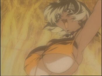 animated animated_gif blonde_hair bouncing_breasts breasts dark-skinned_female dark_skin giant giantess gigantic_breasts huge_breasts jewelry jungle_de_ikou mii_(jungle_de_ikou) necklace short_hair skull_necklace