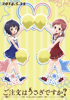 2girls :d abstract_background anime_coloring arm_up blue_hair blue_shoes blue_skirt blue_theme breasts cheerleader child clothes_writing copyright_name cowlick dated dot_nose fang flat_chest full_body gochuumon_wa_usagi_desu_ka? hair_over_shoulder heart heart_background jouga_maya koi_(koisan) logo long_hair looking_at_viewer matching_expressions matching_outfits medium_eyebrows medium_hair multiple_girls natsu_megumi official_art official_style open_mouth outline outstretched_arm pleated_skirt pom_pom_(cheerleading) red_eyes red_hair red_shoes red_skirt red_theme scrunchie shoes short_twintails skirt small_breasts smile sneakers star_(symbol) star_symbol_background tube_socks twintails walking white_outline white_scrunchie yellow_background yellow_eyes