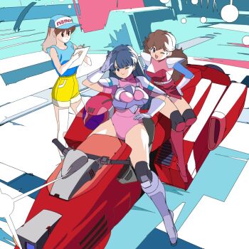 3girls aircraft armor blue_eyes blue_hair breasts brown_hair burning_force closed_mouth dress edoya_inuhachi full_body gloves hat hover_bike kanda_momo leotard long_hair looking_at_viewer multiple_girls namco one_eye_closed open_mouth panties pink_leotard smile tengenji_hiromi underwear white_panties wonder_momo