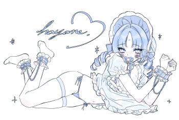 Rule 34 | 1girl, adult baby, ageplay, ankle cuffs, artist name, bib, blue ankle cuffs, blue bonnet, blue bow, blue hair, blue theme, blue wrist cuffs, bonnet, bound, bound ankles, bound wrists, bow, bra, chain, chinstrap, commentary, cuffs, dress, eyelashes, facial mark, fingernails, flat chest, forehead mark, frilled bib, frilled dress, frills, full body, hair intakes, hands up, hayane hayaoki, highres, legs up, limited palette, looking at viewer, lying, navel, on side, original, pacifier, panties, parted bangs, puffy short sleeves, puffy sleeves, ringlets, short sleeves, side-tie panties, signature, simple background, sketch, skindentation, solo, sparkle, star-shaped pupils, star (symbol), star facial mark, stomach, symbol-shaped pupils, thighhighs, twintails, underwear, white thighhighs, wrist cuffs