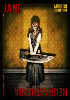 1girl black_shoes braid brown_hair cleaver cocainia413 hashtag-only_commentary highres holding holding_cleaver holding_weapon lcb_uniform_(project_moon) leather_belt limbus_company looking_at_viewer neckerchief original project_moon ribbon shadow shirt shoes single_braid wallpaper_(object) weapon white_shirt yellow_neckerchief yellow_ribbon