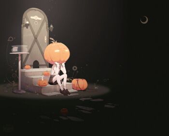 1other :i bowl brown_shoes brown_shorts candle commentary crescent_moon door english_commentary fran-laurant full_body glowing glowing_eyes halloween halloween_bucket long_sleeves moon note object_head original path pout pumpkin pumpkin_on_head road shirt shoes shorts sitting sitting_on_stairs socks solo spotlight stairs suspender_shorts suspenders white_shirt white_socks wide_shot yellow_eyes