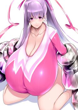 1girl absurdres blush breasts claw_(weapon) cleavage collarbone fate/grand_order fate_(series) gigantic_breasts hair_ribbon high_ponytail highres leotard long_hair long_sleeves looking_at_viewer passionlip_(fate) passionlip_(swimsuit_saber)_(second_ascension)_(fate) pink_eyes pink_leotard pink_ribbon ponytail purple_hair ribbon sitting sleeved_leotard solo thighs tsukasawa_takamatsu very_long_hair weapon