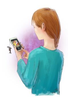 Rule 34 | 1girl, blue shirt, brown hair, cellphone, dorcas (fire emblem), fire emblem, fire emblem: the blazing blade, fire emblem heroes, highres, looking at phone, mia (fire emblem), natalie (fire emblem), nintendo, orca, phone, shirt, smartphone, smartphone case, soeda ippei